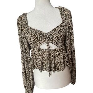 Urban Outfitters Leopard Print Peplum Top Smocked Back Tie Front Blouse Size S
